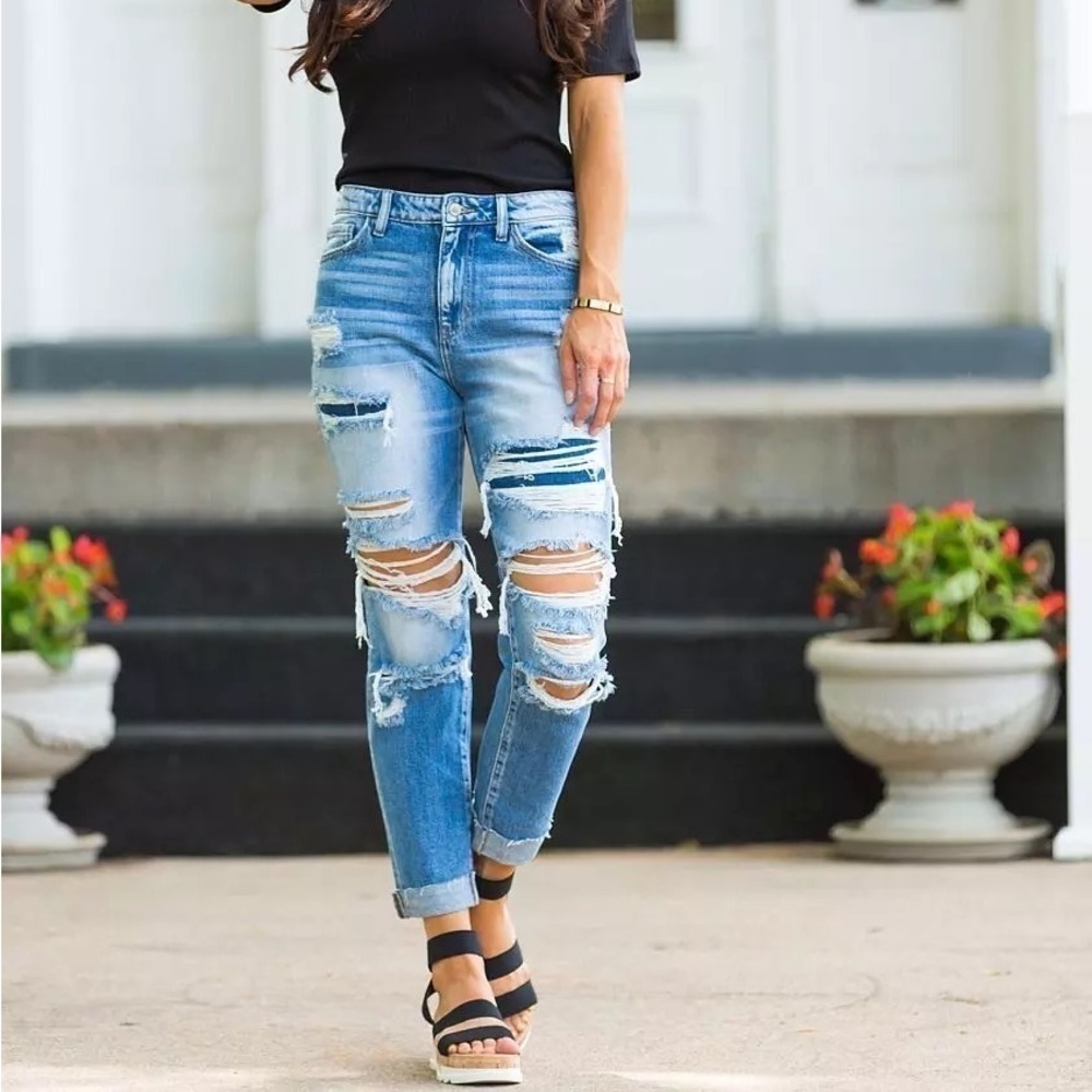 Kancan Buckle Jeans/ Ultra Highrise Taper/ Distressed Denim